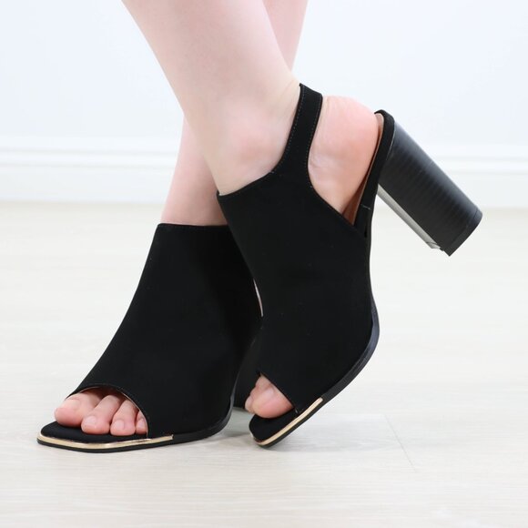 Block Heel Peep Toe Sandals Women’s Black Velvet Gold Buckle Ankle Strap - Picture 14 of 15